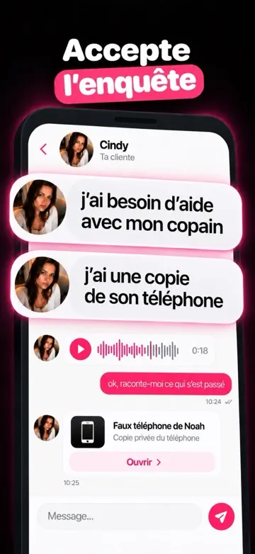 Conversation avec Cindy, qui t’envoie une copie du téléphone de son copain Noah