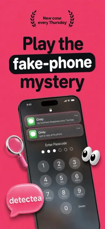 Detectea fake-phone mystery game: a locked phone showing messages from the client Cindy