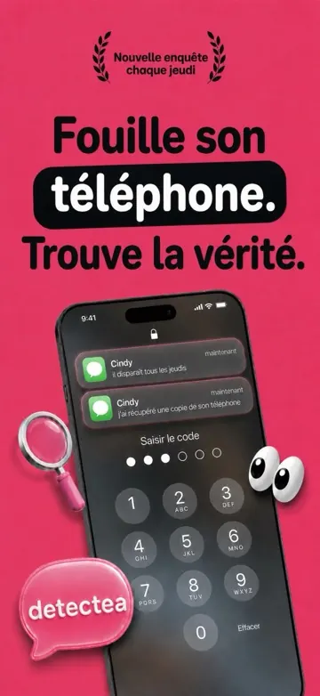 Detectea, jeu d’enquête sur faux téléphone : écran verrouillé avec les messages de la cliente Cindy