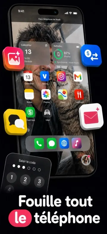 Écran d’accueil du faux téléphone de Noah avec Photos, Messages, Plans, Notes et apps de paiement