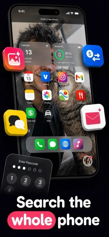 Home screen of Noah’s fake phone with Photos, Messages, Maps, Notes and payment apps to search